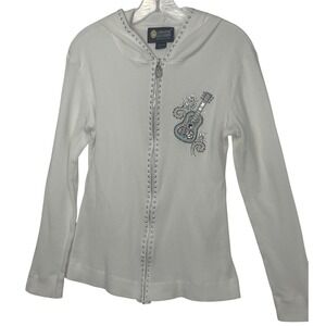 Christine Alexander White Waffle Knit Guitar Rhinestone Zip Up Hoodie Jacket L‎